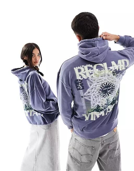 Reclaimed Vintage unisex celestial graphic hoodie in washed navy Cover