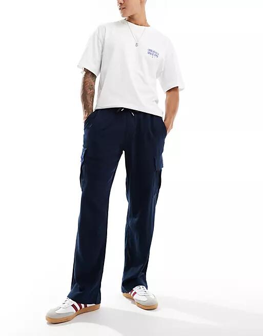 Jack & Jones wide fit linen mix cargo pants in navy Cover