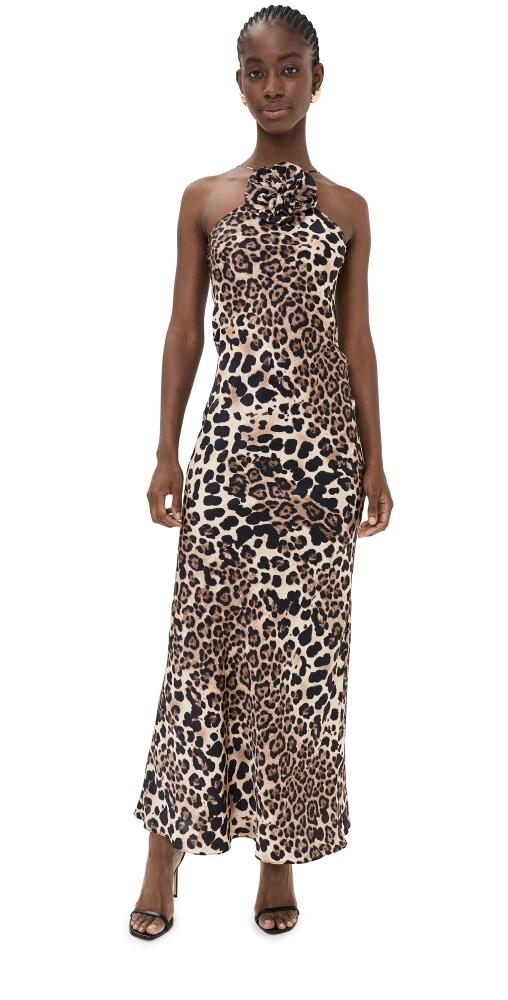 Rodarte Leopard Printed Silk Satin Bias Halter Gown with Silk Flower Pin Brown Cover