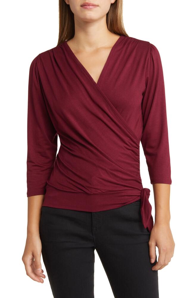 Loveappella Faux Tie Wrap Top in Burgundy Cover