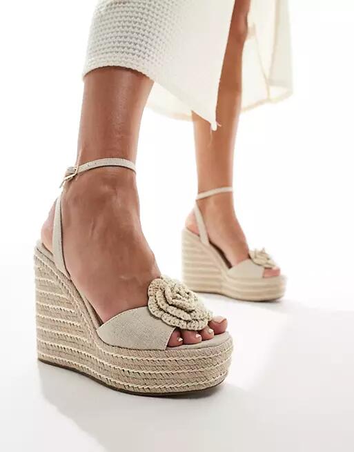 ASOS DESIGN Tasha espadrille wedges with corsage in natural-Neutral Cover