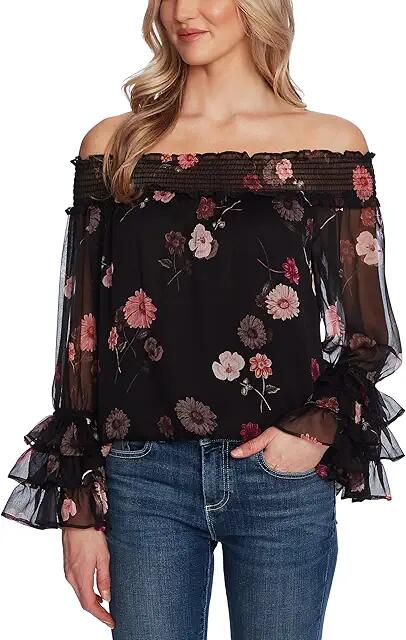 CeCe Off-the-Shoulder Romantic Memories Blouse (Rich Black) Women's Clothing Cover