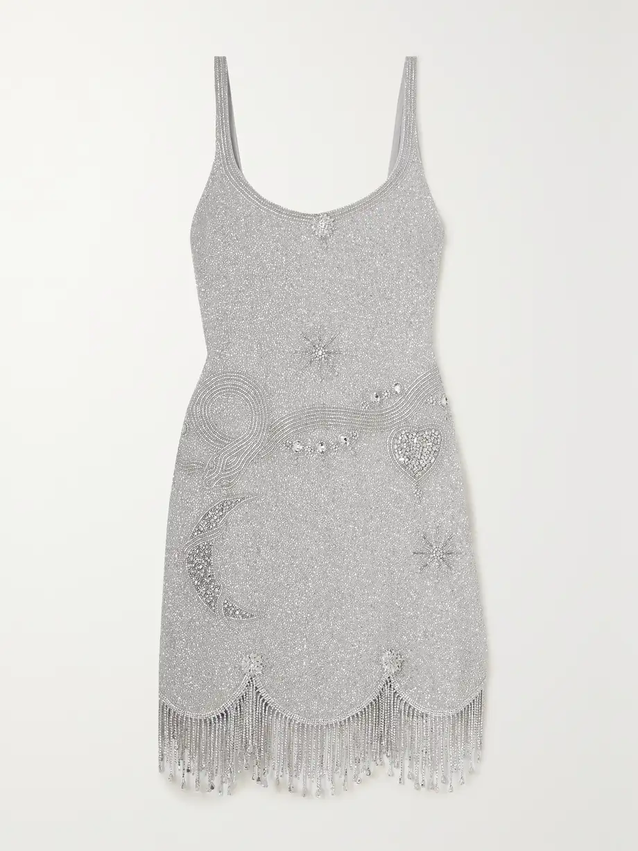 Clio Peppiatt - Charm Fringed Embellished Stretch-mesh Mini Dress - Silver Cover