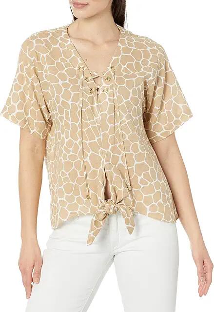 MICHAEL Michael Kors Giraffe Grommet Neck Top (Khaki) Women's Clothing Cover