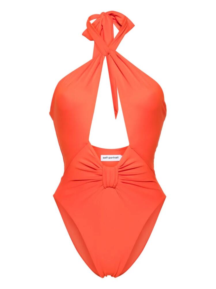 Self-Portrait bow-detail halterneck swimsuit - Orange Cover