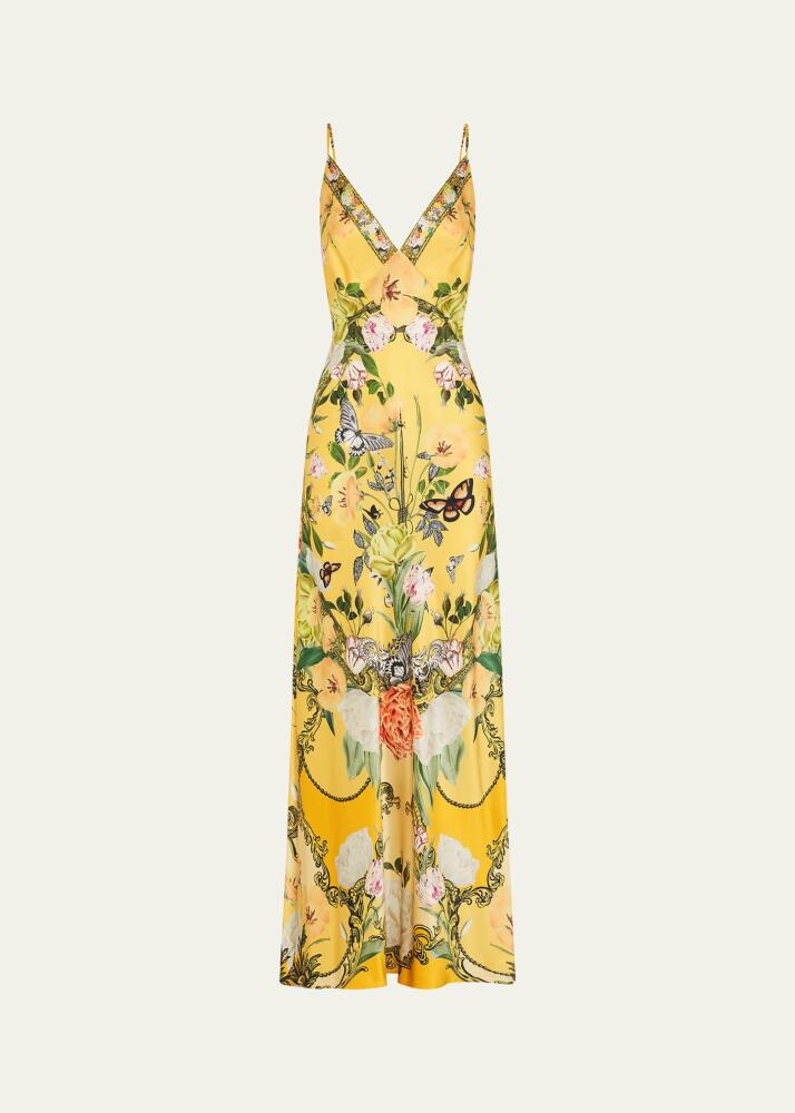 Camilla Floral Silk Long Bias Slip Dress with Train Cover