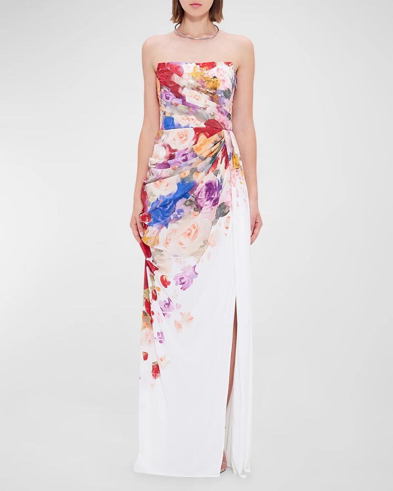 LEO LIN Anastasia Pleated Floral-Print Bustier Gown Cover