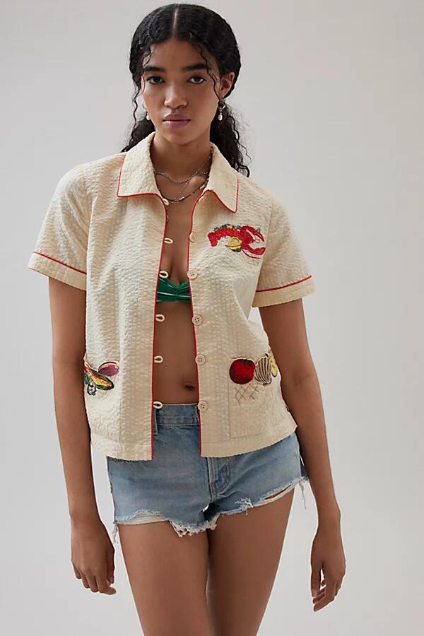 BDG Souvenir Applique Seersucker Shirt Top in Lobster Embroidery Cover