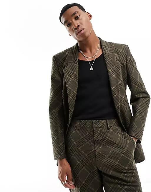 ASOS DESIGN slim suit jacket in bias check in brown Cover