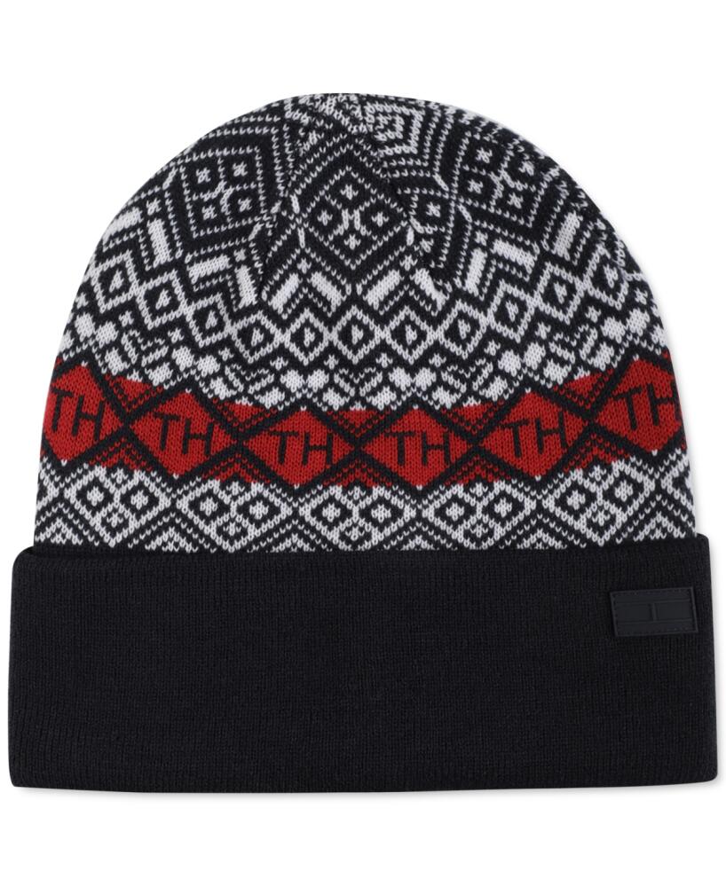 Tommy Hilfiger Men's Diamond Fair Isle Patterned Cuff Beanie Hat - Desert Sky, Snow White, Apple Red Cover