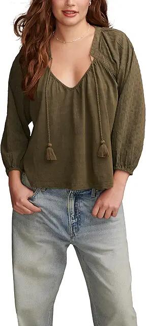 Lucky Brand Knit Mix Peasant Blouse (Dusty Olive) Women's Clothing Cover