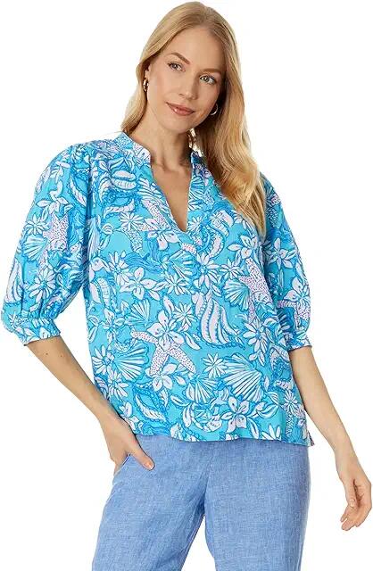 Lilly Pulitzer Mialeigh Elbow Sleeve Linen Top (Amalfi Blue Sound The Sirens) Women's Clothing Cover