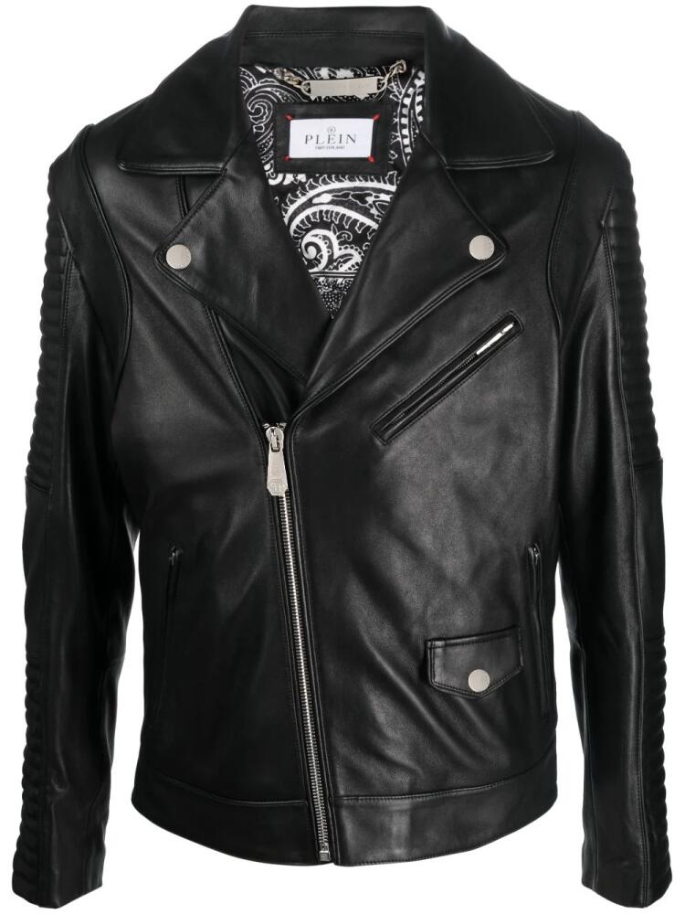 Philipp Plein embossed-logo padded leather biker jacket - Black Cover