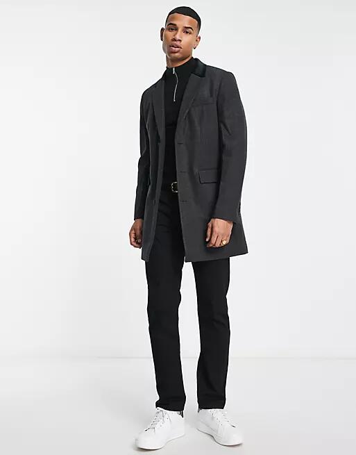 French Connection single breasted overcoat with velvet collar in charcoal-Gray Cover