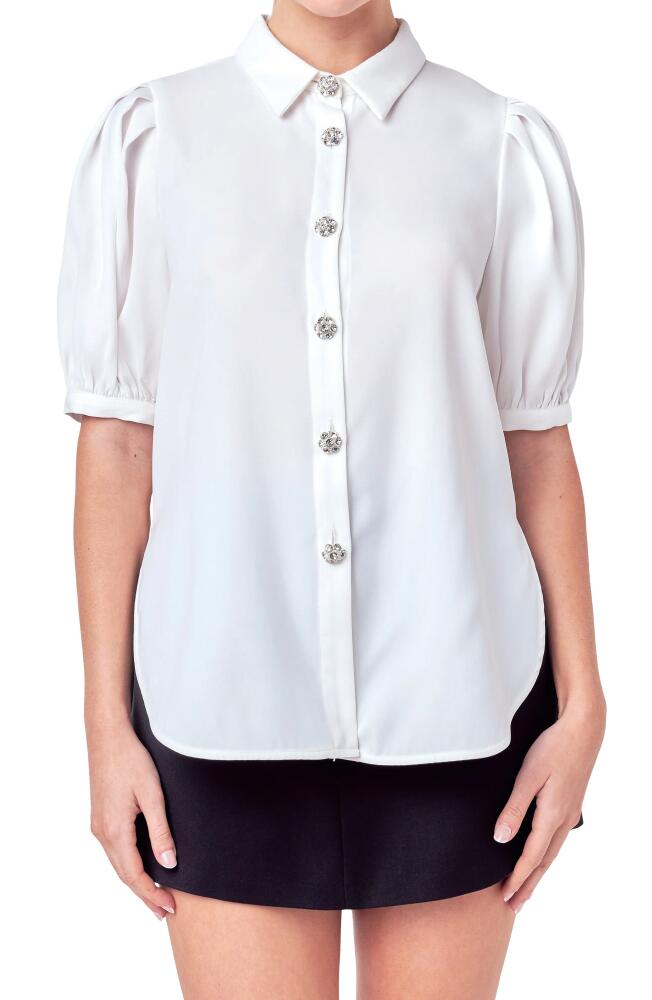 English Factory Puff Sleeve Embellished Button-Up Blouse in White Cover