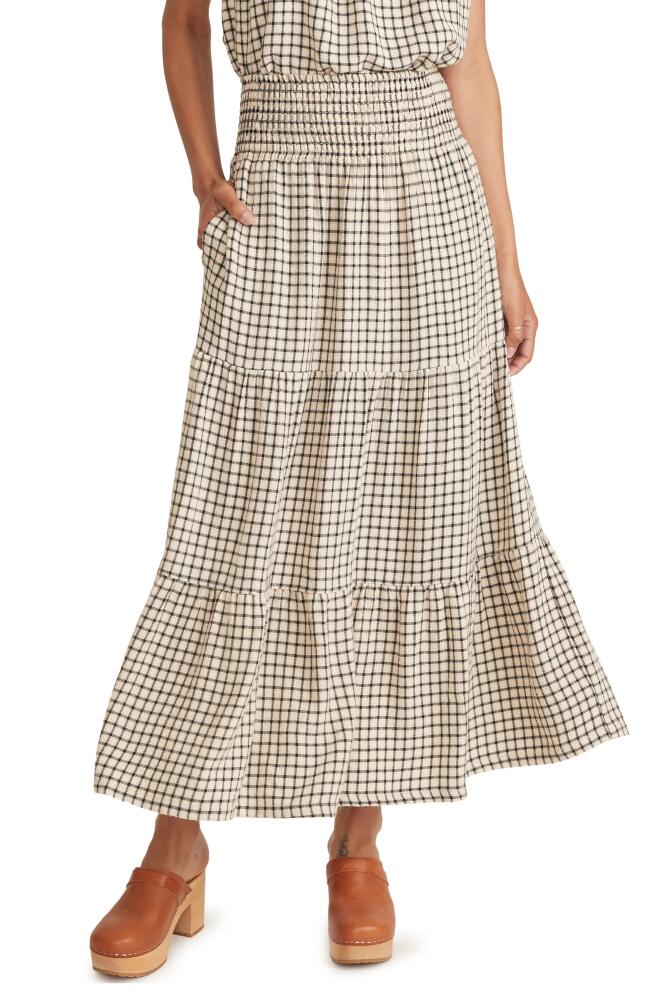 Marine Layer Chloe Windowpane Smocked Maxi Skirt in Parchment/Black Windowpane Cover