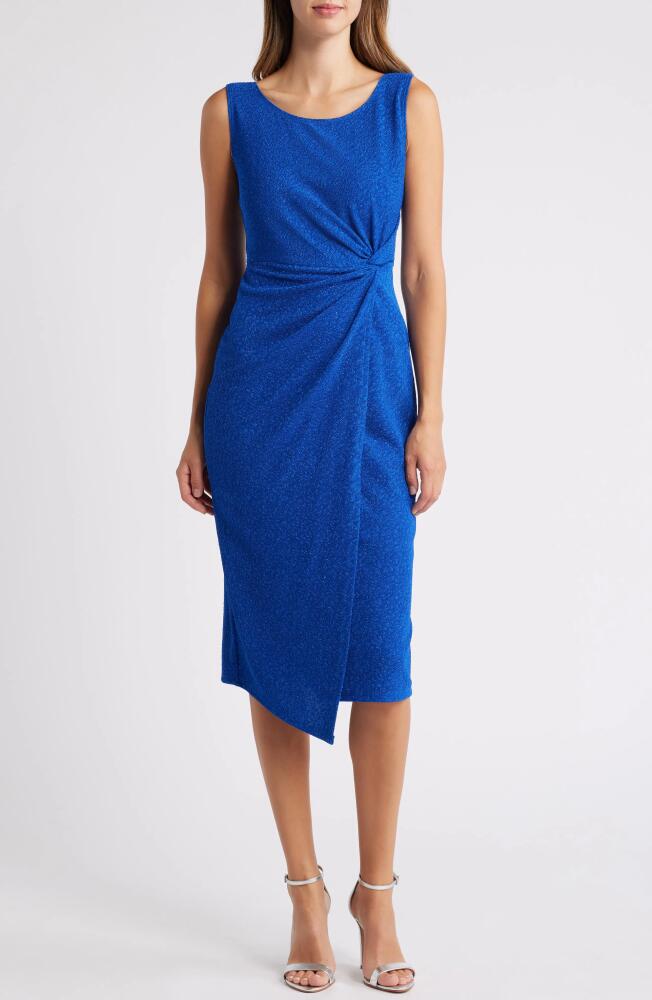 Connected Apparel Metallic Jacquard Faux Wrap Cocktail Dress in Deep Cobalt Cover