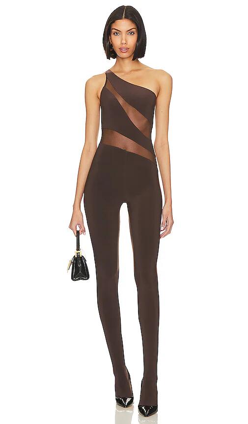 Norma Kamali Snake Mesh Catsuit With Footsie in Chocolate Cover