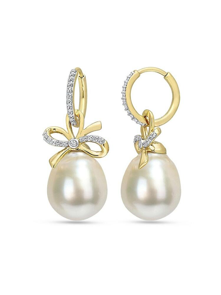 Sonatina Women's 14K Yellow Gold, 12-12.5MM South Sea Pearl & Diamond Bow Drop Huggie Hoop Earrings Cover