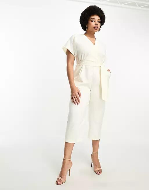 Closet London Plus tie waist kimono jumpsuit in ivory-White Cover