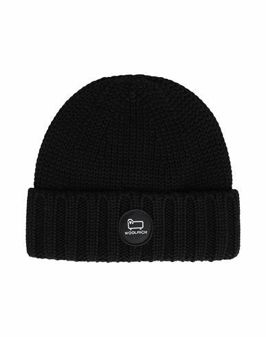 Woolrich Merino Wool Logo Beanie Hat Black Virgin Wool Cover