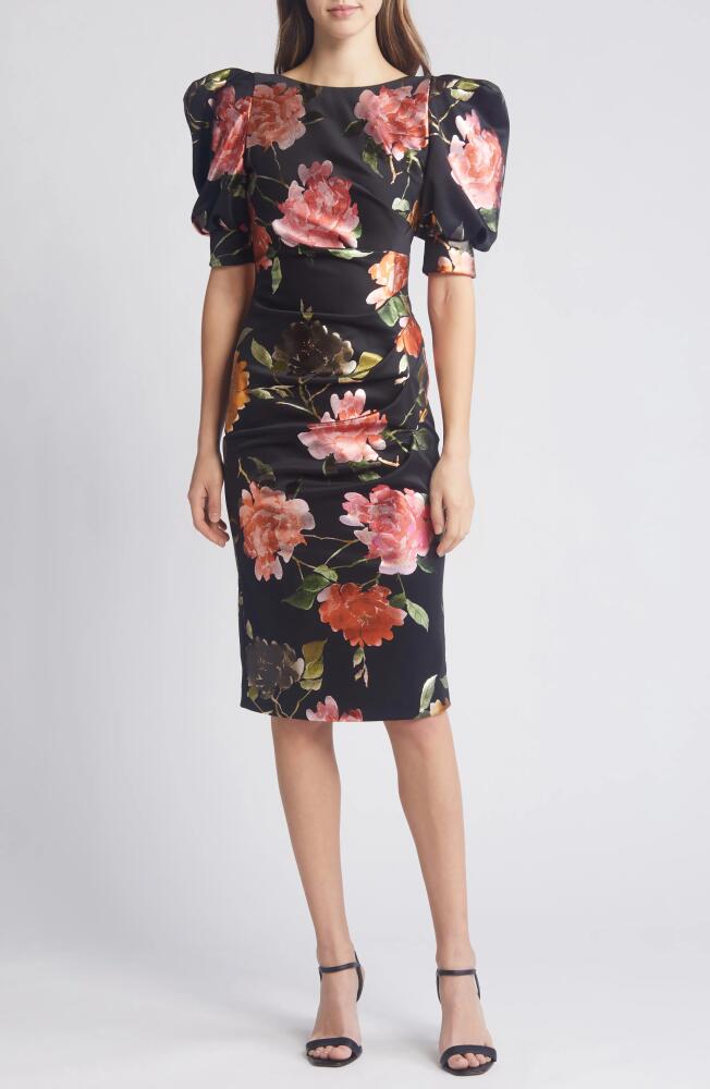 Black Halo Floral Puff Sleeve Cocktail Dress in Fire Bloom Cover