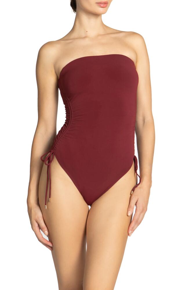 Robin Piccone Aubrey Strapless Cinched One-Piece Swimsuit in Ancho Cover