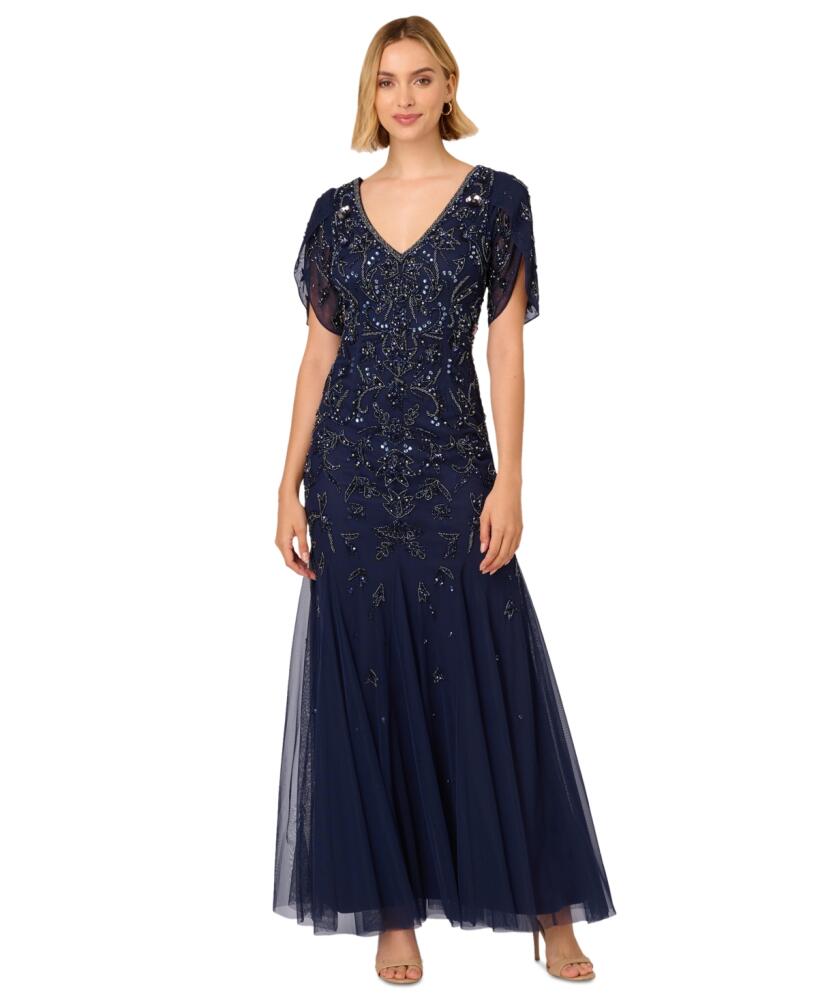 Adrianna Papell Women's Beaded Petal-Sleeve Mermaid Gown - Light Navy Cover