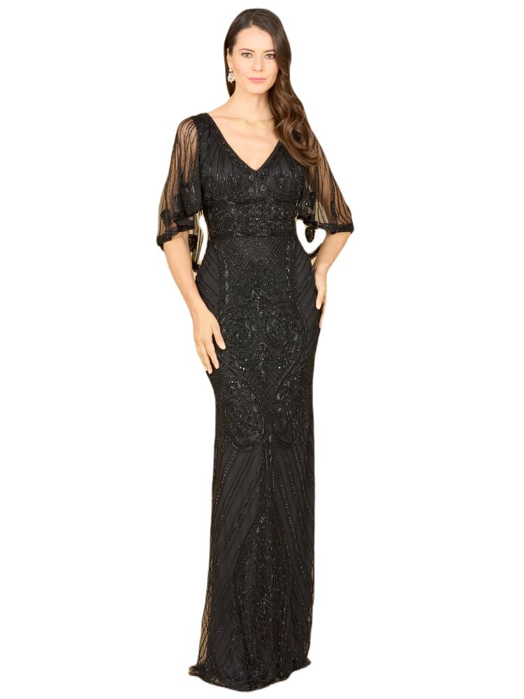 LARA New York Cape Sleeve V-Neck Beaded Gown in Black Cover