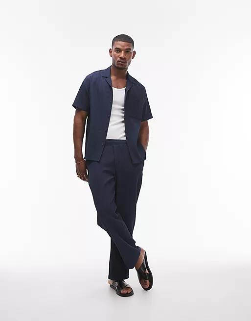 Topman wide leg plisse pants in navy - part of a set Cover