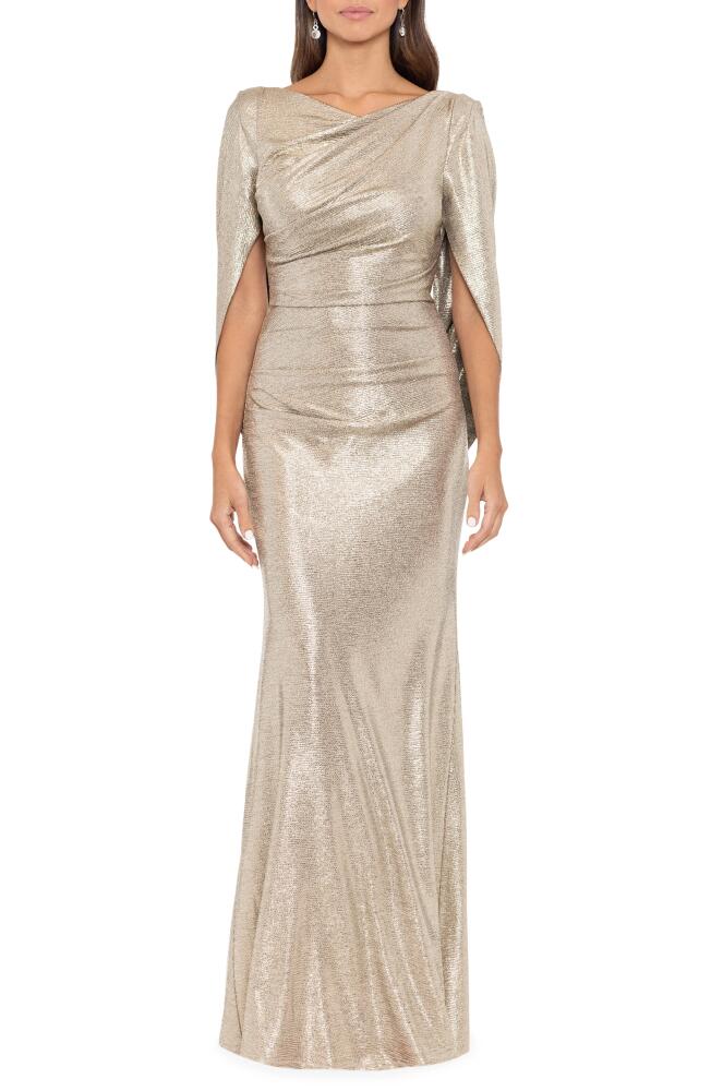 Betsy & Adam Metallic Drape Back Sheath Gown in Light Gold Cover