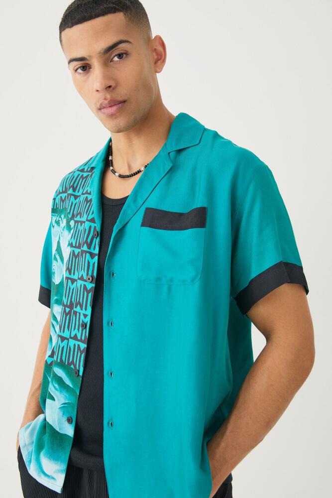 boohoo Mens Short Sleeve Boxy Viscose Spliced Statue Shirt - Green Cover