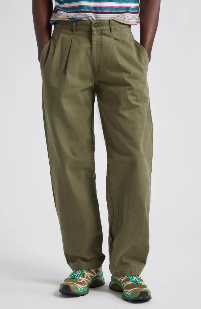 Noah Double Pleat Cotton Herringbone Pants in Army Green Cover