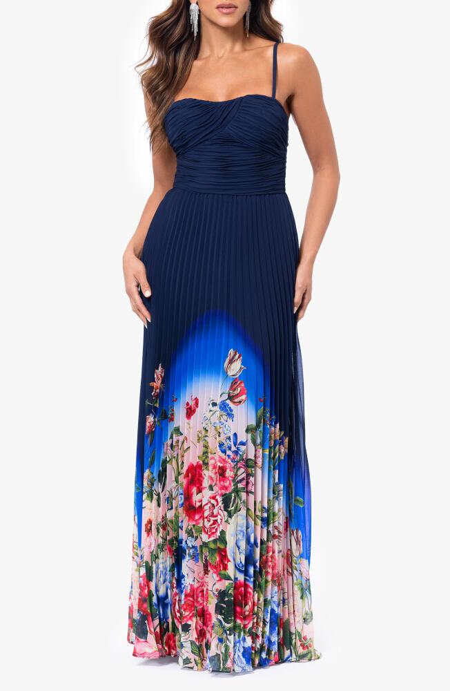 Xscape Evenings Sunburst Floral Ombré Gown in Navy/Blush Cover