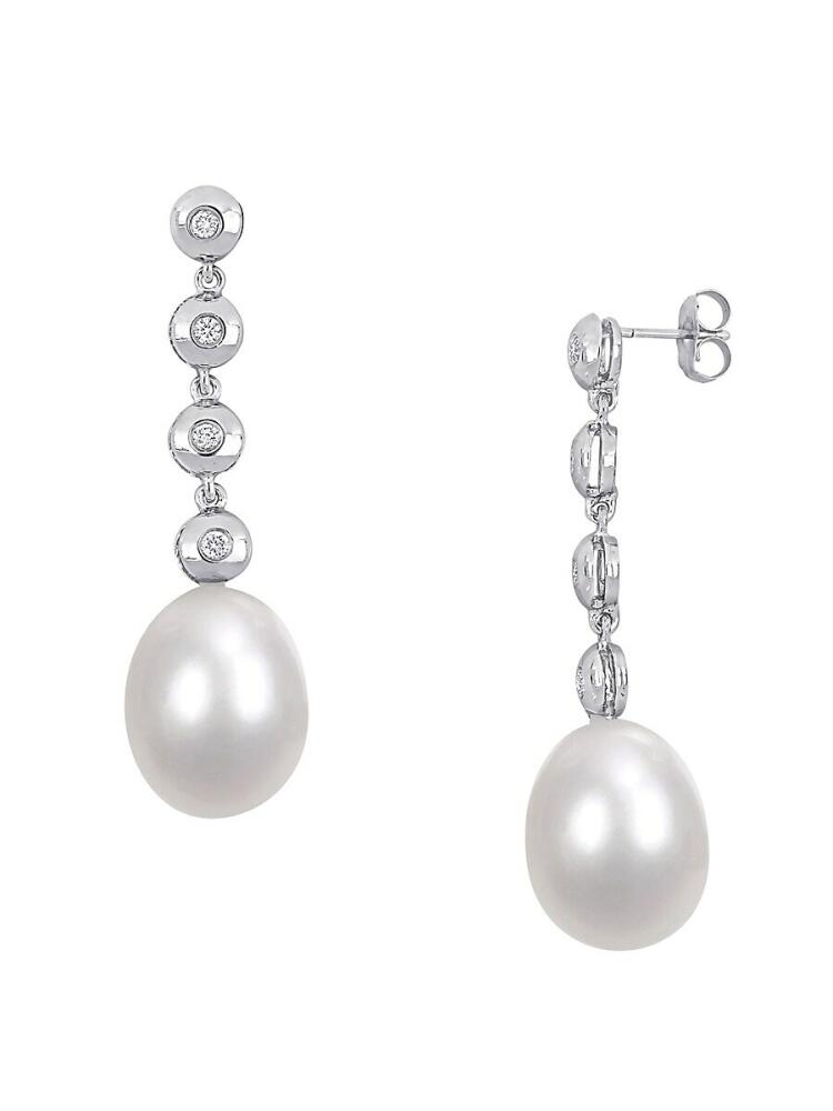 Sonatina Women's 14K White Gold, 11-11.5MM Freshwater Pearl & Diamond Drop Earrings Cover