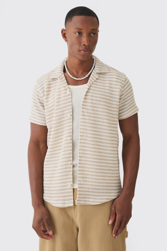 boohoo Mens Tonal Stripe Open Stitch Resort Shirt - Beige Cover