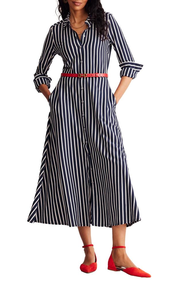 Boden Marcia Stripe Tie Belt Long Sleeve Shirtdress in Navy, Ivory Stripe Cover