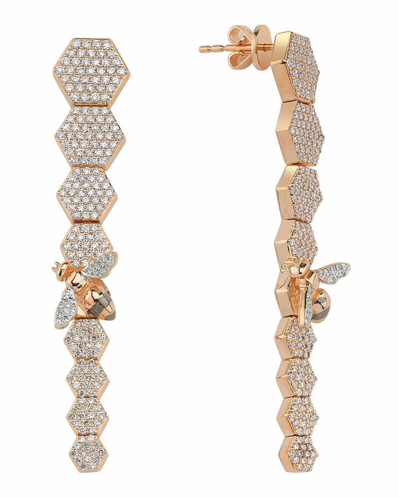 BeeGoddess 14k Rose Gold Long Bee & Honeycomb Drop Earrings Cover