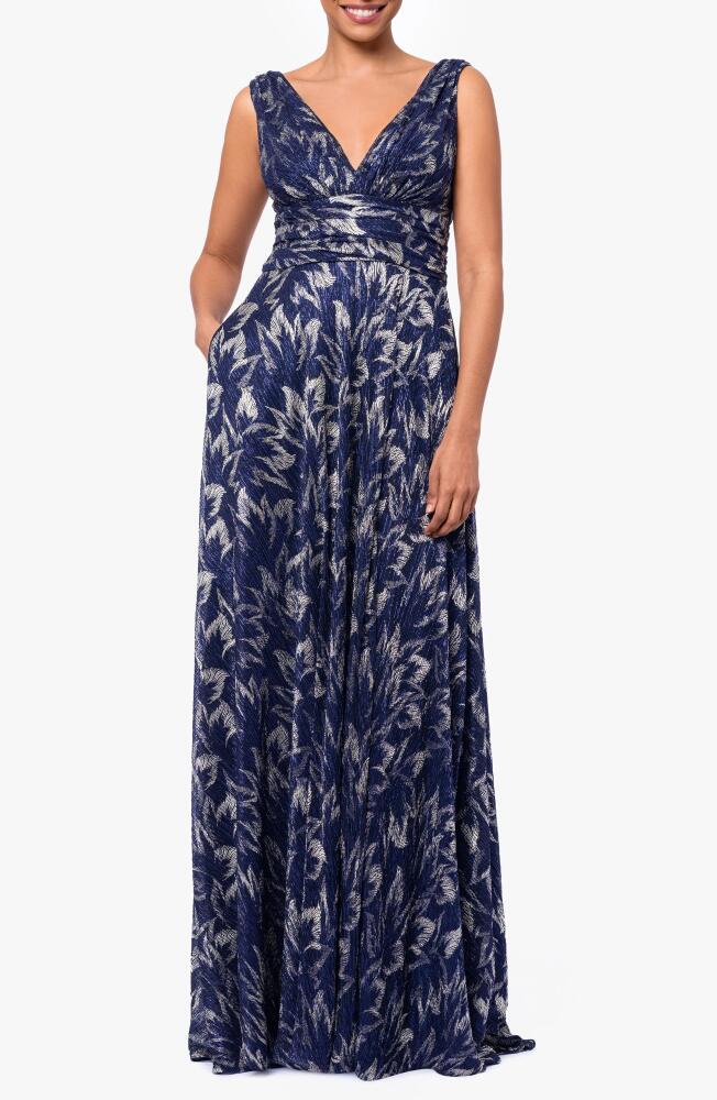 Betsy & Adam Metallic Floral A-Line Gown in Navy/Gunmetal Cover