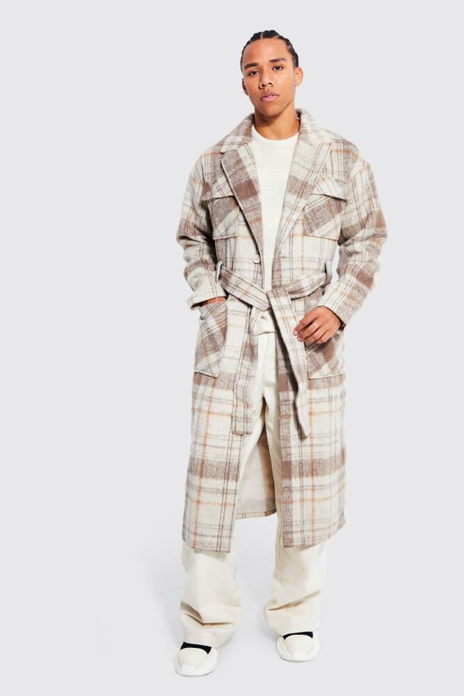 boohoo Mens Tall Wool Look Flannel 4 Pocket Long Overcoat - Beige Cover