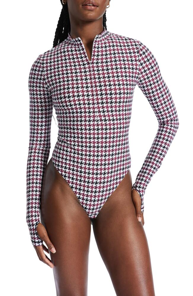 BANDIER Brio Houndstooth Quarter Zip Bodysuit in Cordovan Houndstooth Cover