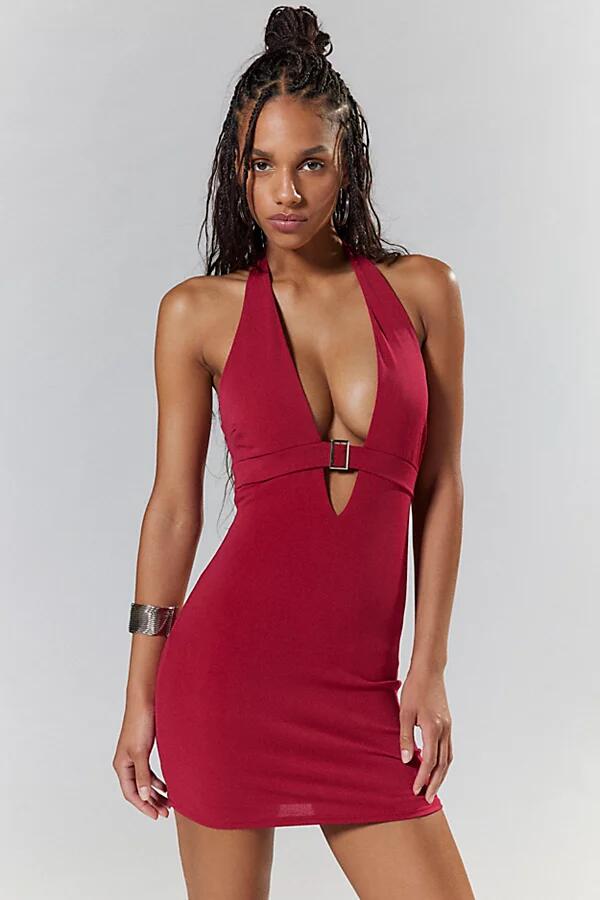 Silence + Noise Viola Belted Plunge Halter Mini Dress in Maroon Cover