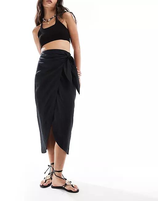 Mango wrap front linen skirt in black Cover