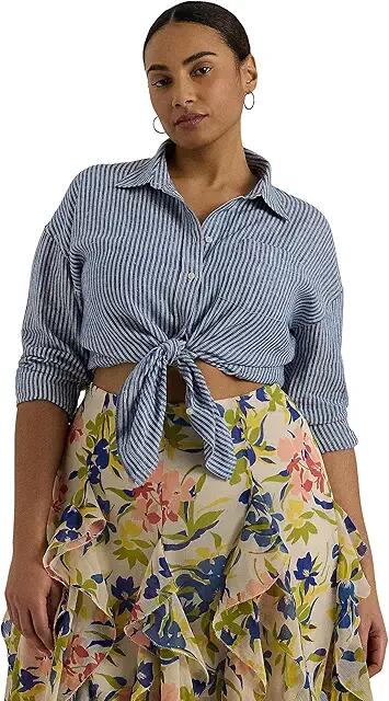 LAUREN Ralph Lauren Plus-Size Relaxed Fit Pinstripe Linen Shirt (Blue/White) Women's Clothing Cover