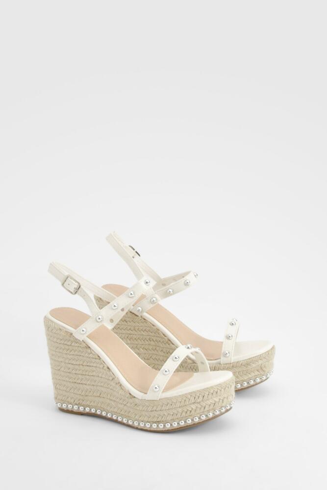 boohoo Womens Wide Fit Pearl Detail Espadrille Wedges - White Cover