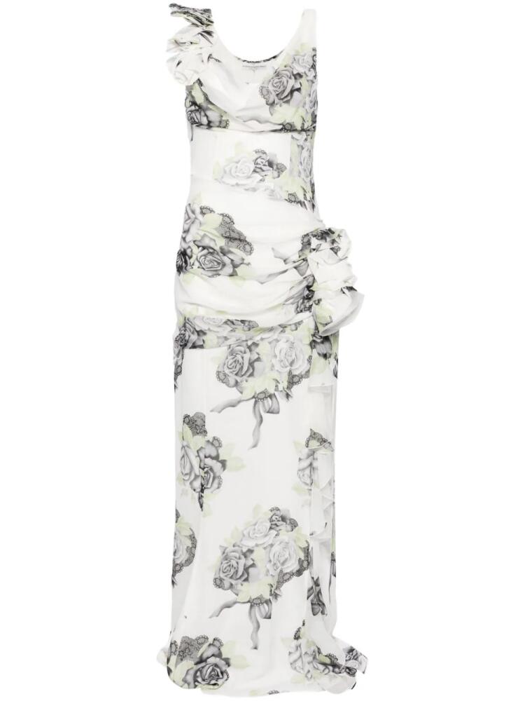 Alessandra Rich Rose-print silk gown - White Cover