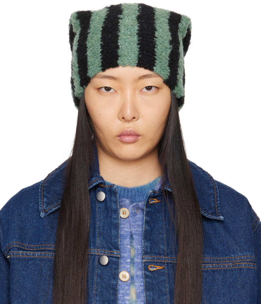 The Elder Statesman Black & Green Echo Stripe Parker Beanie Cover