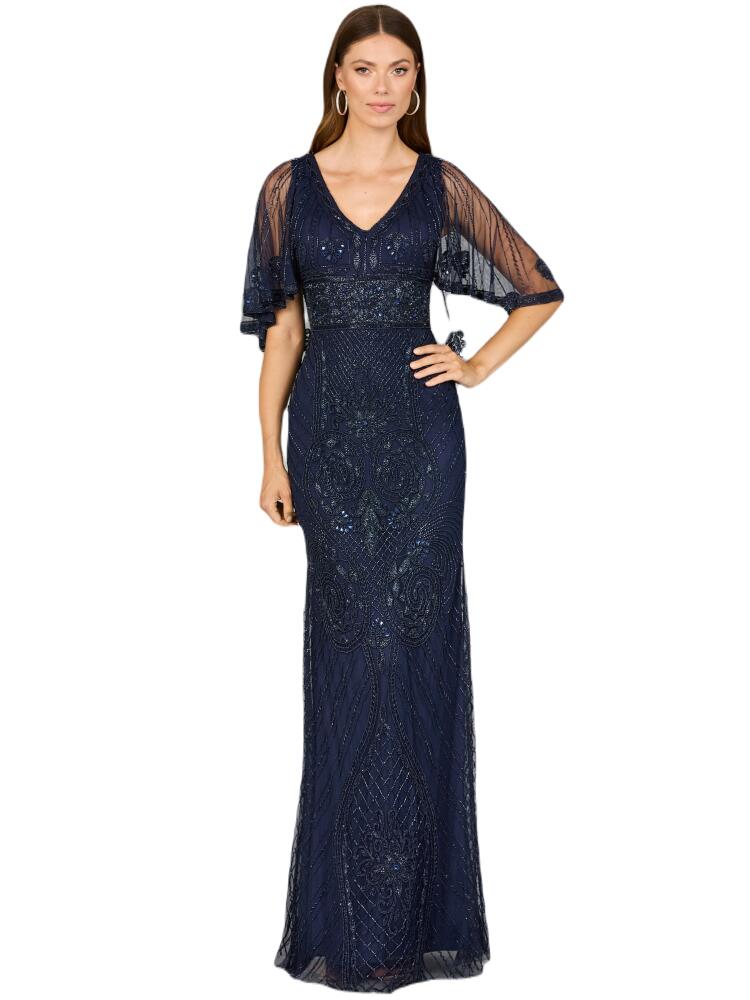 LARA New York Cape Sleeve V-Neck Beaded Gown in Navy Cover