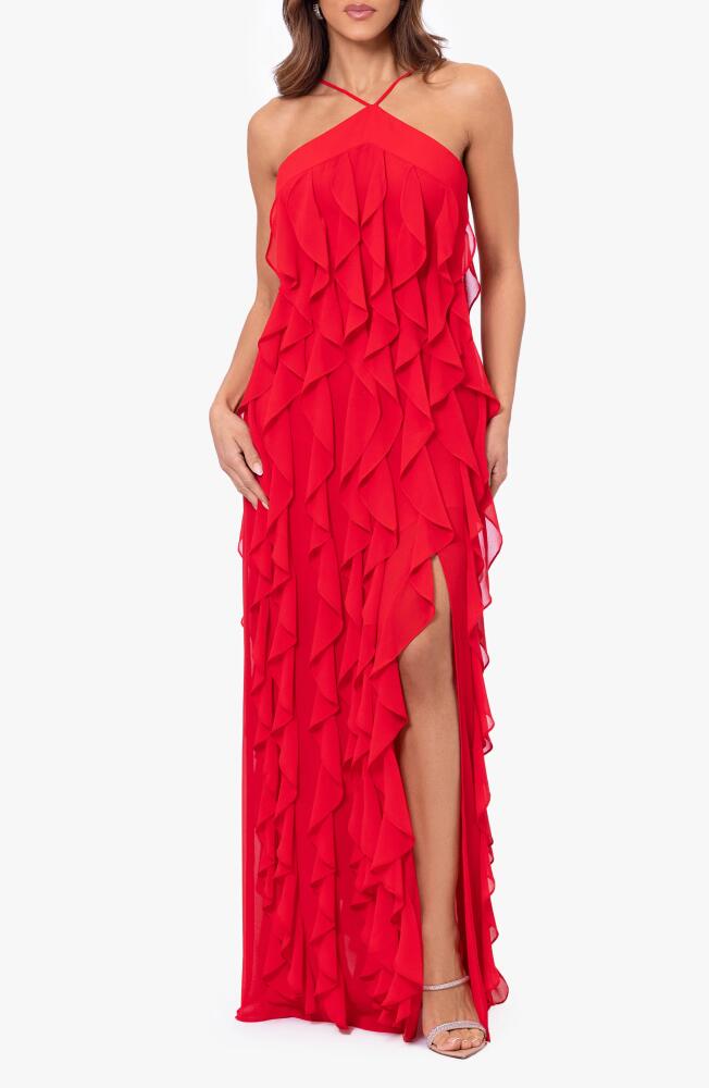 Xscape Evenings Corkscrew Ruffle Chiffon Gown in Red Cover