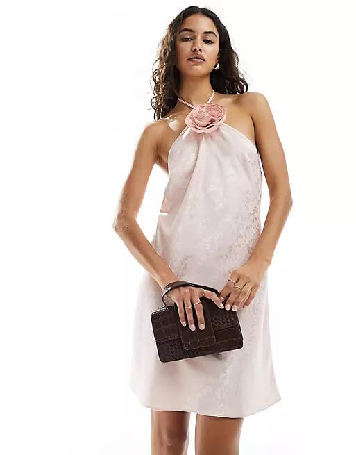 Miss Selfridge satin jacquard halter corsage mini dress in pink Cover